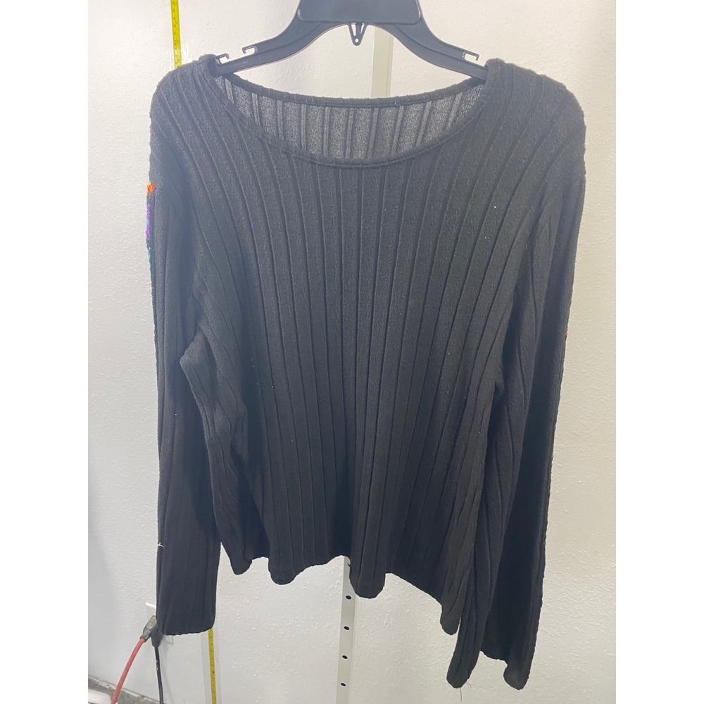 Black Ribbed Knit Sweater Colorful Crochet Floral‎ Sleeve Scoop Neck Top